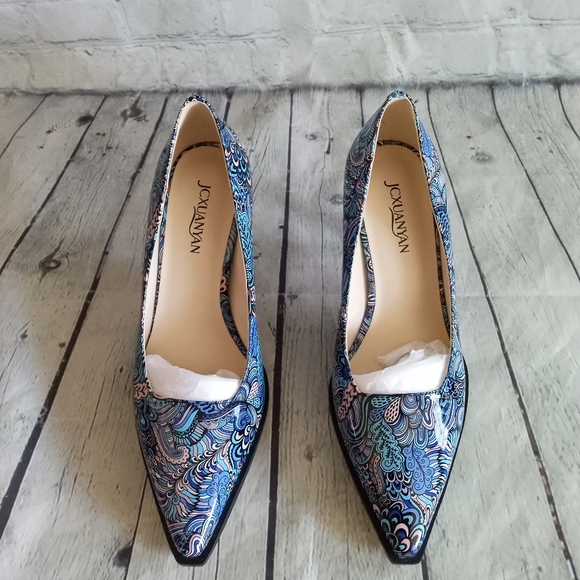 NIB Jcxuanyan Blue Patterned Patent Leather Heels - 8 - Picture 9 of 11